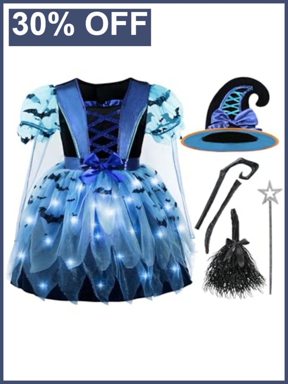 Girls Light Up Witch Costume with Hat and Broom for Halloween